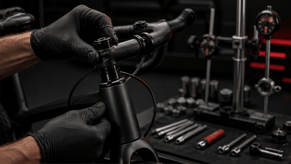 Técnico ajustando el headset de una bicicleta
